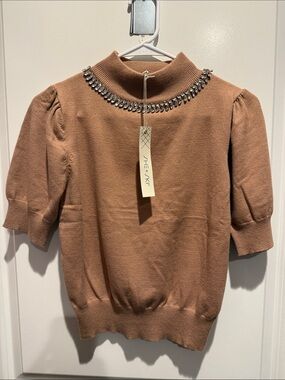 Brown Knit Jewel-Neck Short Sleeve Sweater